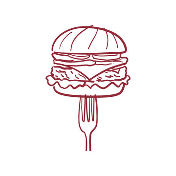 A hand-drawn vector illustration of a burger balanced on a fork. The burger features layers of ingredients such as lettuce, cheese, and meat, presented in a simple yet effective style. Perfect for foo