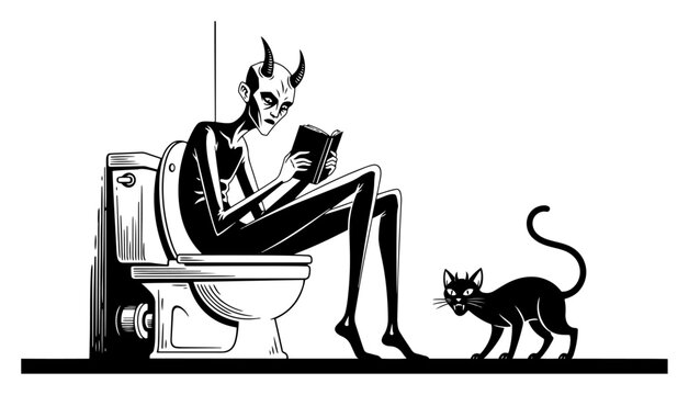 Horned demon sitting on toilet reading book with black cat in minimalist vector style