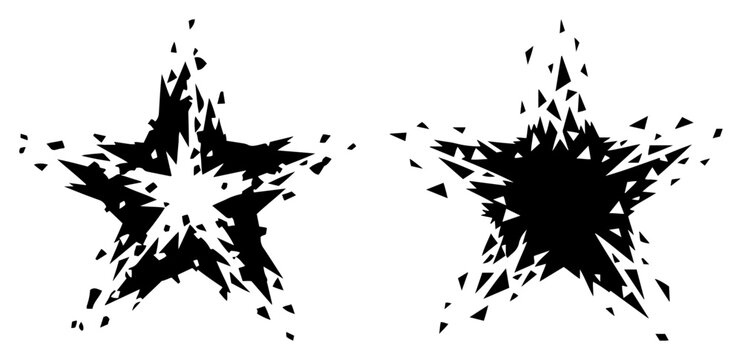 Shattered star shapes with exploding fragments and geometric shards in black and white graphic style