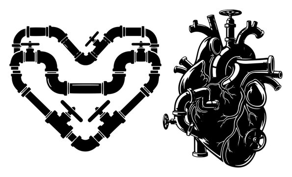 Industrial pipe heart and steampunk anatomical organ design elements