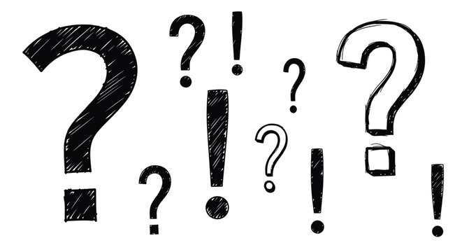 Hand drawn question marks and exclamation points in a dark silhouette