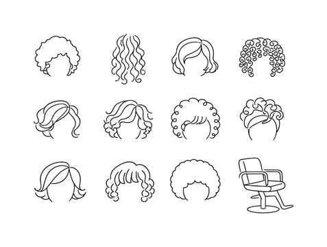 Classic Hair Perm Styles. Minimalistic set one-line drawing [curly short hair silhouette, long spiral curls, bob with waves, tight ringlets, side part curls,