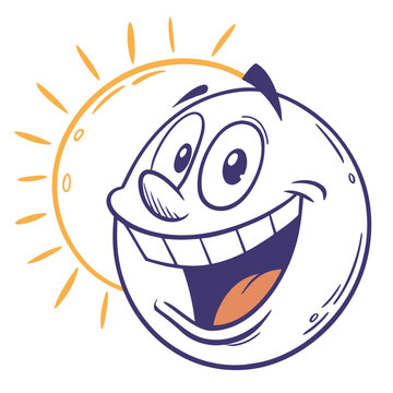 Smiling sun with yellow rays and dark blue outline sun face cartoon white background transparent background