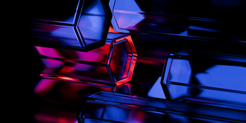 Cyber elements made of transparent glass and liquid acrylic purple blue glow on black backdrop cinematic tech background design cover art visuals 3d rendering © IM_VISUALS