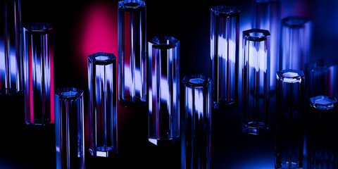 Cyber elements made of transparent glass and liquid acrylic purple blue glow on black backdrop cinematic tech background design cover art visuals 3d rendering © IM_VISUALS