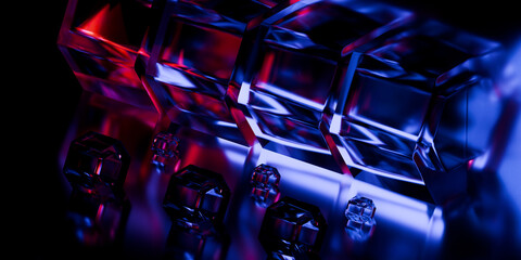 Cyber elements made of transparent glass and liquid acrylic purple blue glow on black backdrop cinematic tech background design cover art visuals 3d rendering © IM_VISUALS