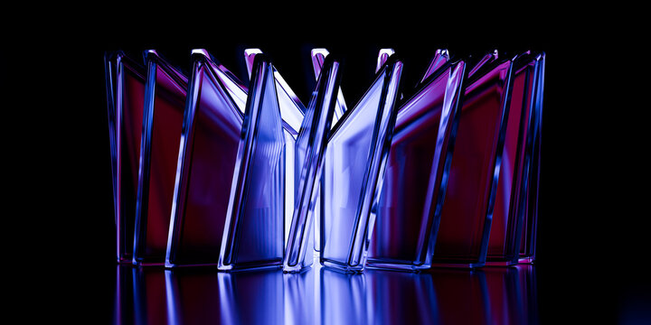 Cyber elements made of transparent glass and liquid acrylic purple blue glow on black backdrop cinematic tech background design cover art visuals 3d rendering