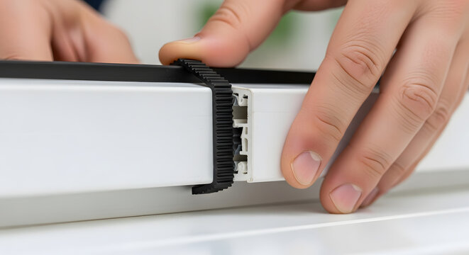 Close-up of hands assembling or repairing a white electronic device with a black zip tie on a clean white surface .Generated-AI