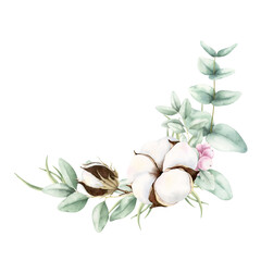 Watercolor cotton, eucalyptus, berries corner composition. Hand drawn botanical illustration isolated on white background. Elegant bouquet for wedding, birthday invitations, greeting cards, design. © VaivaMi