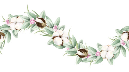 Watercolor cotton, eucalyptus and snowberries seamless border. Hand drawn illustration isolated on white. Botanical painting for greeting cards, invitations, wedding design, web banners, stationery. © VaivaMi