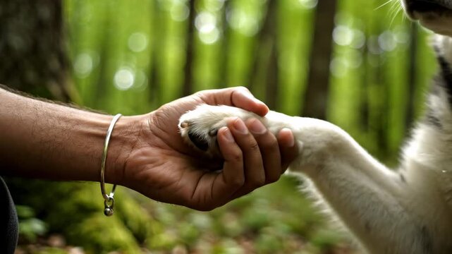 This captures a touching moment between a person and a dog in a forest. The person and dog are shaking hands, showcasing their special bond and friendship. The serene forest background adds to the