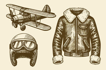 Vintage aviation illustration featuring a biplane flight jacket and pilot gear © SagoriRani