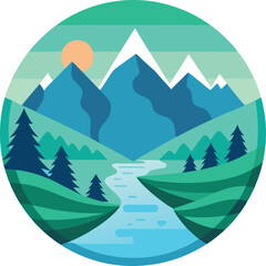 Obraz premium Serene mountain landscape with river and trees in circle frame