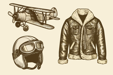 Vintage aviation illustration featuring a biplane helmet and leather jacket © SagoriRani