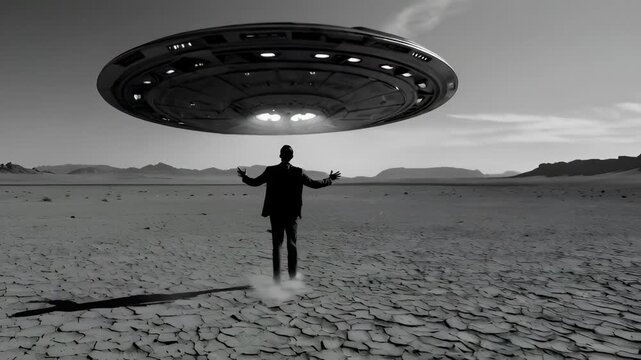 Human Figure Ascending into Alien Spacecraft Through Light Portal