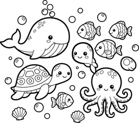 Cute ocean animals coloring page with whale fish turtle and octopus underwater cartoon illustration in simple outline style perfect for kids coloring book printable activity sheet © Harun Or