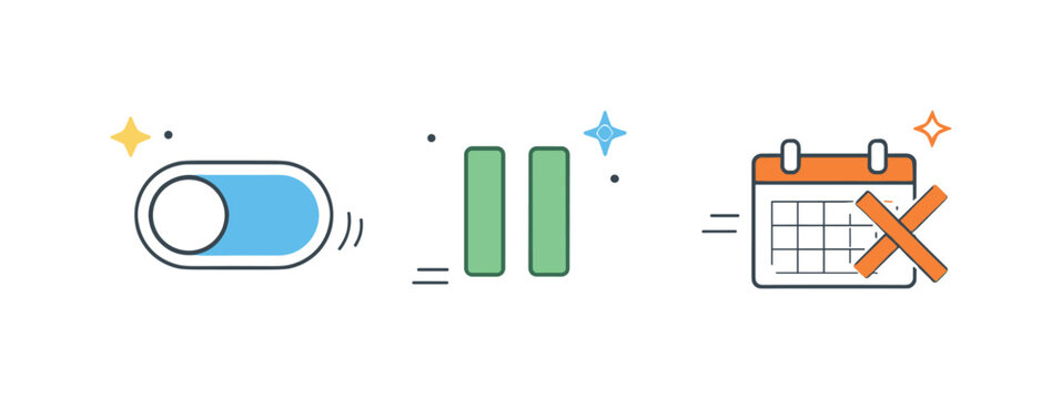 Cancel or pause subscription. Simple symbols of a toggle switch, pause icon, and crossed calendar arranged with plenty of space. The mood is calm and