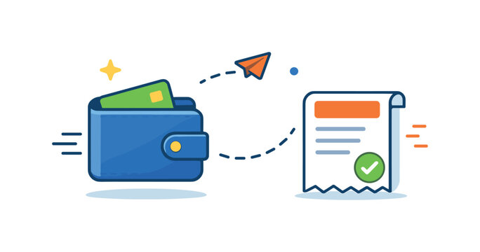 Online payment process visualized with a wallet icon connected to a receipt and subtle motion accents. The scene expresses speed, simplicity and confidence in