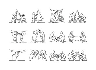 Fototapeta premium Collaborative Festive Setup. Minimalistic set one-line drawing group lifting tree upright, person fluffing tree branches, hanging baubles evenly, ladder and