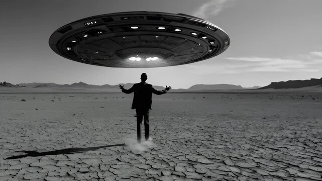 Man Standing in Desert Watching Large UFO Flying Above Cracked Ground