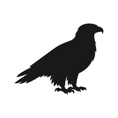 Fototapeta premium A simple black silhouette of a perched eagle showcasing a sharp beak and detailed feather edges isolated on white background, Vector