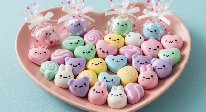 Decorated candy sweets on heart shaped plate