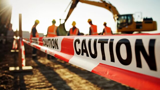 This captures a group of construction workers on a road with an excavator in the background. The workers are wearing hard hats and orange vests, and a caution tape barrier is visible in the foreground