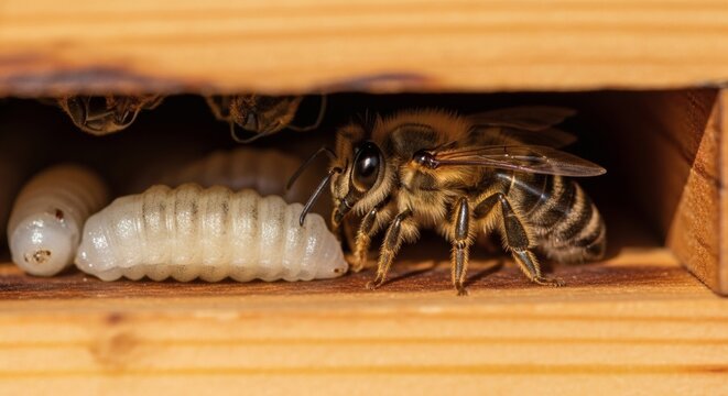 A bee standing next to a white larva in a honeycomb cell within a wooden beehive