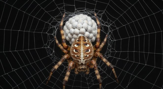 A spider sits in its web with a large egg sac attached.