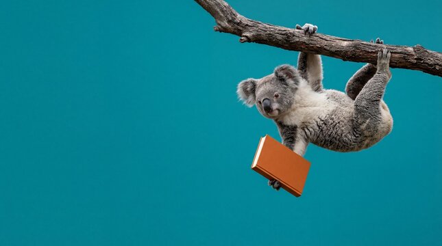 Koala hanging from tree branch holding orange book conceptual 3D art