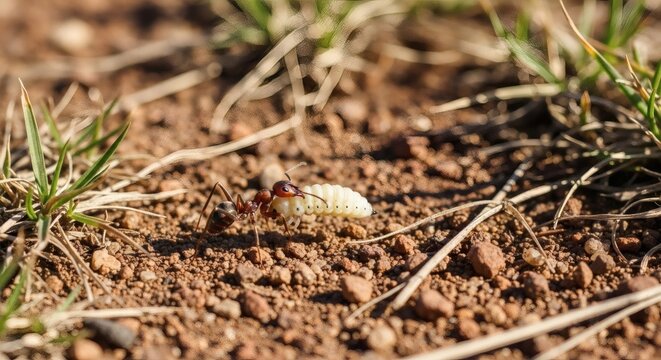 A close-up view of an ant carrying a white grub on the ground with dirt and grass