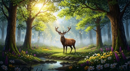 Naklejka premium Deer standing in forest sunlight