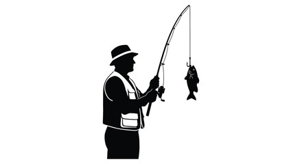 A fisherman stands poised with a rod a caught fish dangling below rendered as a striking silhouette high quality professional detailed © CreativeAlim02