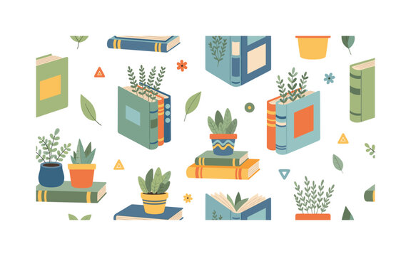book plant icons seamless pattern, repeating pattern, surface design, textile print, soft color palette, modern illustration, flat vector books with potted