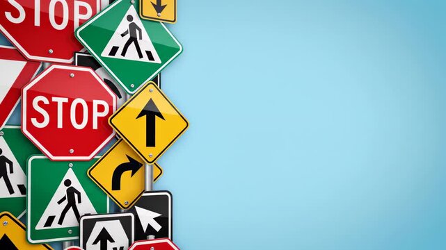 This features a collection of road signs on a clear blue background, designed to help new drivers learn and understand traffic rules and regulations.