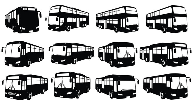 A collection of black double decker and single decker buses shown in various angles represented as a silhouette high quality professional detailed modern
