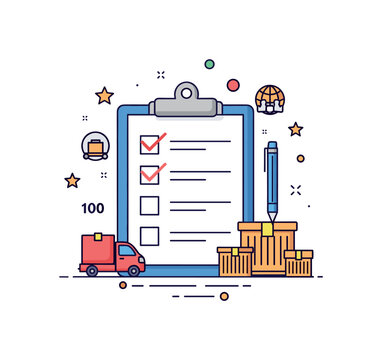 Delivery planning checklist concept showing a clipboard, ticking boxes, and small cargo icons suggesting accuracy, preparation, and dependable scheduling.