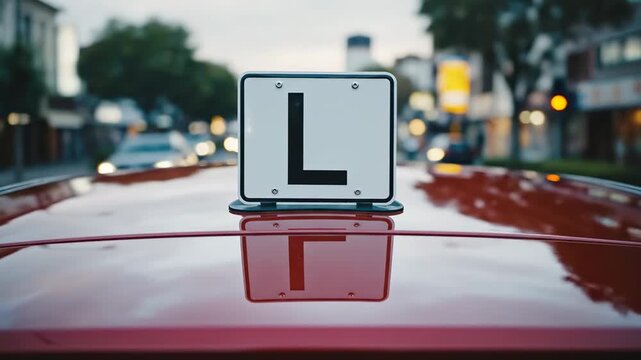 This shows a close-up of an L-plate on the roof of a red car driving through a city street on a rainy day, capturing the learning experience of a new driver in a busy urban environment.