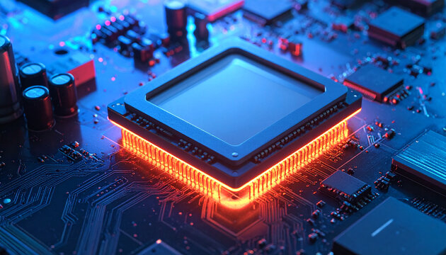 Illuminated CPU on a Motherboard Modern Computer Technology Electronic Circuitry Component Data Processing System Tech Innovation