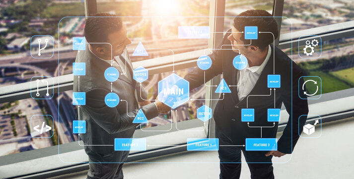 Two Business Professionals Shaking Hands in Corporate Office with Overlay of Digital Technology Interface and Data Visualization Quark.
