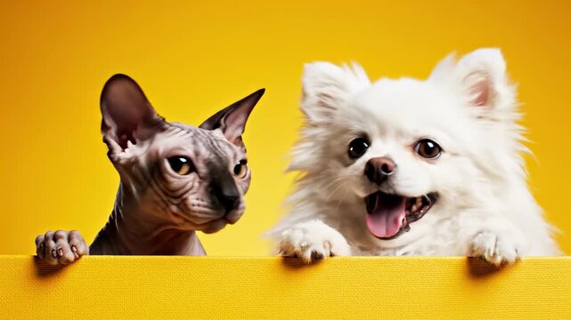 This features a hairless cat and a fluffy white dog peeking over a yellow surface against a bright yellow background, showcasing their adorable and playful expressions.