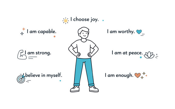 Daily self-affirmation. A simple scene showing a person standing confidently with short positive phrases around, quiet motivation and emotional clarity.