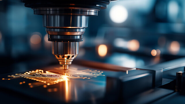 Close up of a glowing microchip surface during a precision manufacturing step the chip showing etched circuit pathways illuminated by an electron beam tool the wafer chuck and