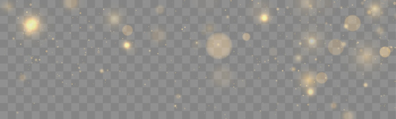 Golden dust sparkles shimmer softly across a dark transparent background. Tiny particles drift gracefully. Perfect overlay for festive, holiday, and magical designs. © goldstock