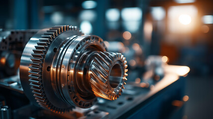 Naklejka premium Close up of a car engine block cross section showing precision machined gears cam lobes and cylinder bores the metal surfaces showing honing marks and polished bearing