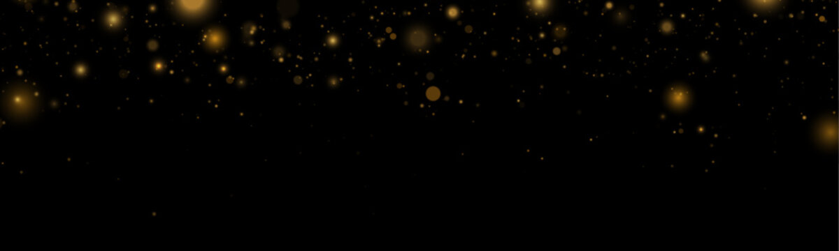 Falling stardust effect with sparkling golden particles on dark background. Tiny lights shimmer delicately. Perfect overlay for holiday, festive, and magical designs.