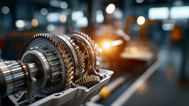 Close up of a car engine block cross section showing precision machined gears cam lobes and cylinder bores the metal surfaces showing honing marks and polished bearing