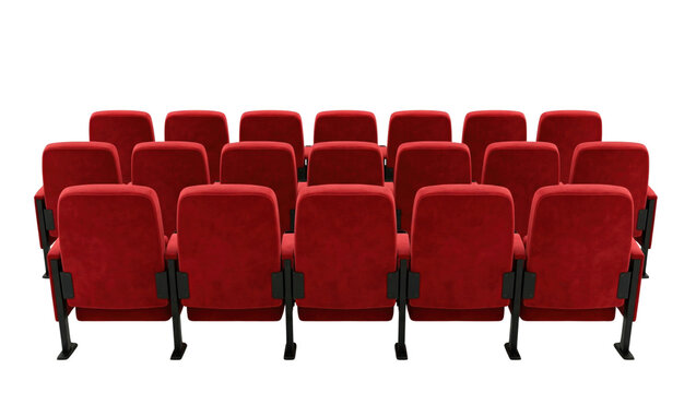Red cinema seats back view isolated. Auditorium seating layout.