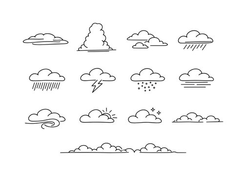 Sky Weather Clouds. Minimalistic set one-line drawing layered stratus cloud, towering storm cloud, scattered small clouds, cloud with drizzle, cloud with heavy