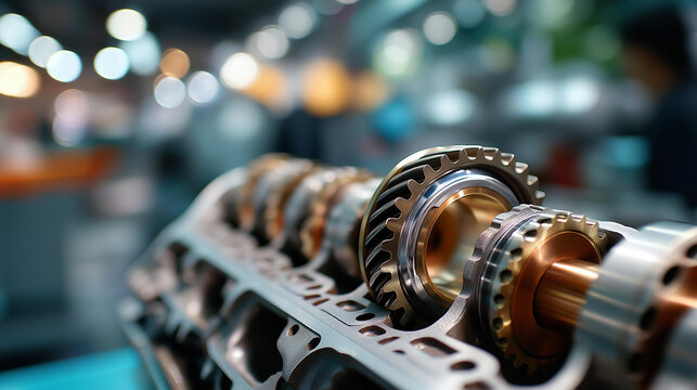 Close up of a car engine block cross section showing precision machined gears cam lobes and cylinder bores the metal surfaces showing honing marks and polished bearing